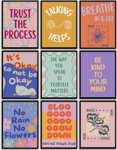 Vista 11 de 9 piezas de arte de pared con citas inspiradoras coloridas motivacionales positivas para el aula, imágenes de mentalidad de crecimiento, profesor