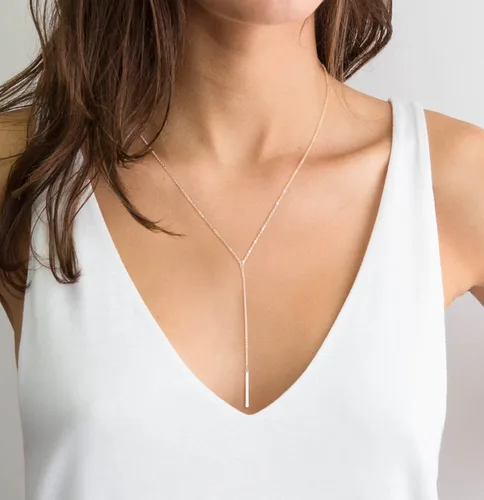 Vista 3 de Sterling Silver Lariat Necklace, Chic Minimalist Drop Bar Y Chain Necklace for Women