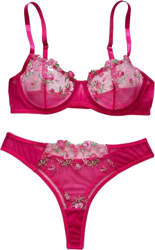 Vista 2 de Lilosy Conjunto de lencería sexy floral bordado de malla con aros