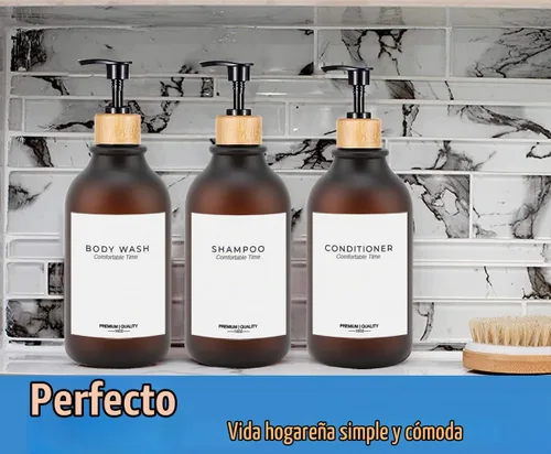 Vista 3 de Botellas de champú y acondicionador resistentes esmeriladas, dispensador de boticario, bomba de bambú, botellas de champú recargables para champú