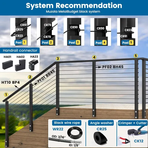 Vista 5 de Muzata Paquete de 10 accesorios de barandilla de cable negro de 1/8 pulgadas, tensor roscado a mano para poste de metal de 2 x 2 pulgadas, sistema