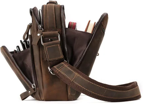 Vista 3 de CHARGELLA Genuine Leather Messenger Bag for Men, Office Work CrossBody Adjustable Shoulder Bag with 6 Zipper Pocket for Phone, Wallet, Storage Brown