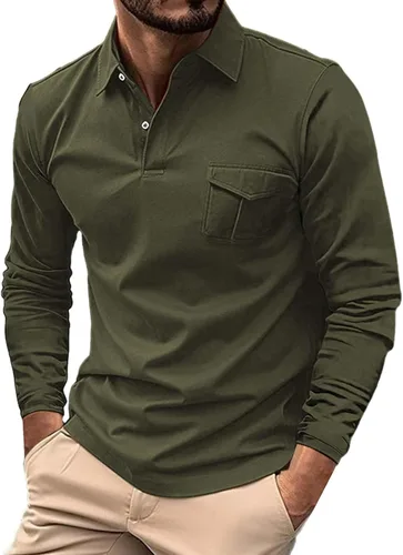Vista 15 de Polo de manga larga para hombre, diseño casual de algodón con bolsillo, cuello clásico con botón para golf