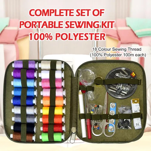Vista 5 de Kit de costura con estuche, suministros de costura portátiles para el hogar, viajero, adultos, principiantes, emergencia, contiene 18 hilos