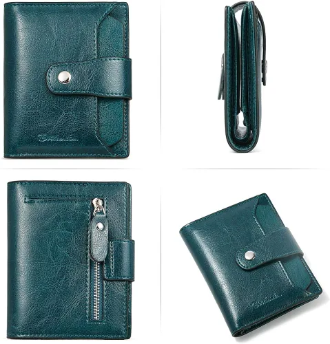 Vista 3 de BOSTANTEN - Billetera de cuero para mujer con bloqueo RFID, pequeña, con cremallera, de bolsillo, para tarjetas, con ventana para documento