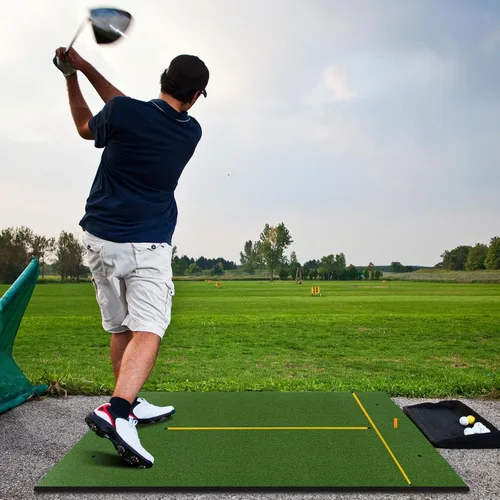 Vista 8 de Tangkula Tapete de golf para golpe, tapete de césped artificial para práctica de golf interior/exterior, incluye 2 camisetas de goma y 2 palos