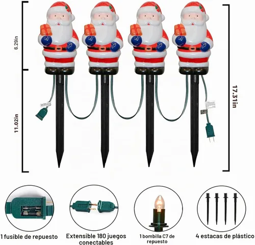 Vista 2 de Decoraciones de Navidad para exteriores, luces de estaca de Papá Noel de 7 pies con 4 bombillas C7, estaca, conectables, impermeables, marcadores