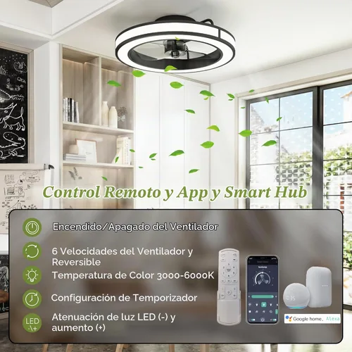 Vista 4 de Ventiladores de techo con luces y control remoto, ventilador de techo de perfil bajo de 20 pulgadas con aplicación Tuya y control de voz