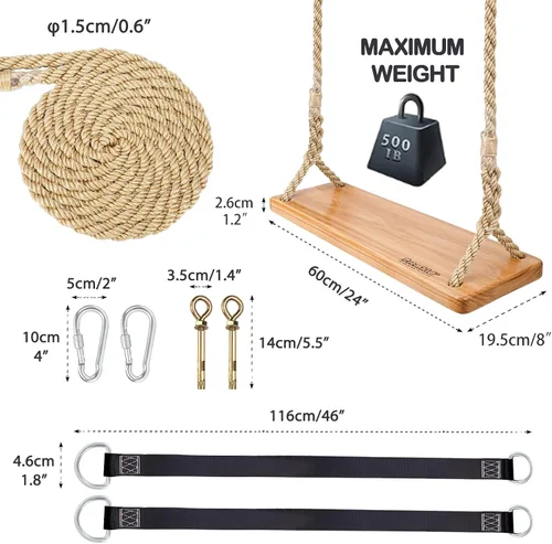 Vista 6 de Columpio de madera colgante, columpio de árbol de 24 x 8 x 1.2 pulgadas para adultos y niños, cuerda de nailon gruesa ajustable y correas de árbol