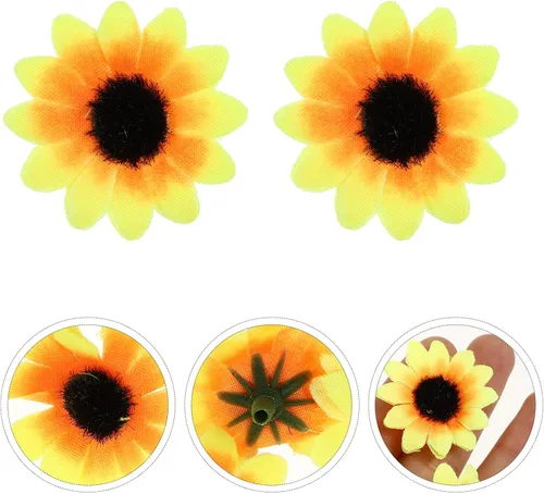 Vista 8 de Uonlytech 100 cabezas de girasol artificiales de plástico, cabezas de girasol pequeñas para decoración de pasteles de boda, fiesta en el hogar