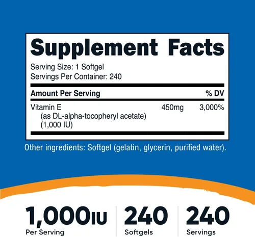 Vista 2 de Nutricost Vitamina E 1,000 UI (450 mg) 240 cápsulas blandas - Sin OMG, sin gluten