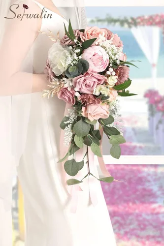 Vista 2 de Serwalin Ramos de boda de 9.8 pulgadas para novia y dama de honor, peonías rosa empolvado, ramos de flores de novia para boda, ramo de lanzamiento