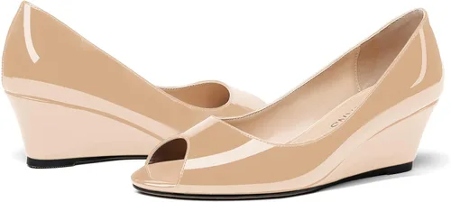 Vista 6 de WAYDERNS Zapatos de tacón bajo con cuña de charol y puntera abierta para mujer de 2 pulgadas