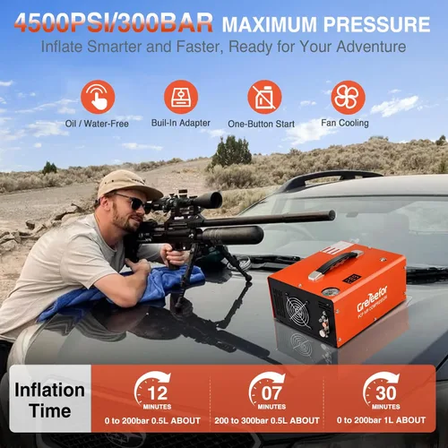 Vista 3 de Compresor de aire PCP 4500PSI/30MPA, bomba de llenado rápido sin aceite de 350W con apagado automático, alimentación dual 12V DC y 110V/220V AC