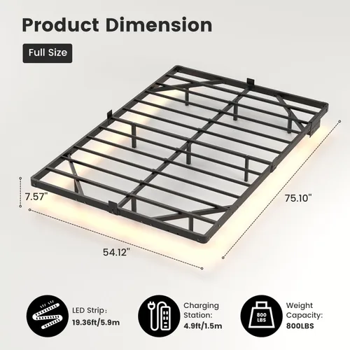 Vista 2 de Liians Marco de cama flotante moderno de tamaño completo con luces LED inteligentes, estación de carga USB, plataforma de metal resistente,