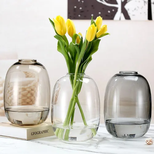 Vista 9 de Jarrón de vidrio transparente para flores, jarrón decorativo redondo ovalado para centros de mesa del hogar y decoración de granja, jarrón de vidrio