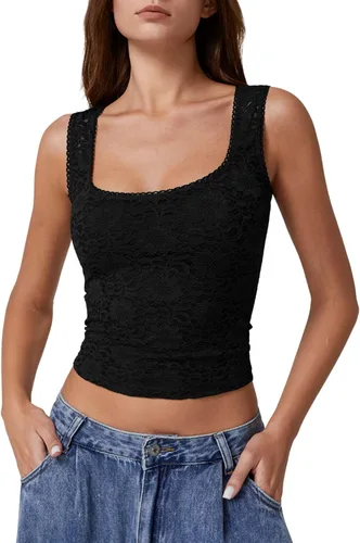 Vista 16 de QINSEN Camiseta sin mangas de doble capa con cuello cuadrado y ribete de encaje para mujer Amarillo claro