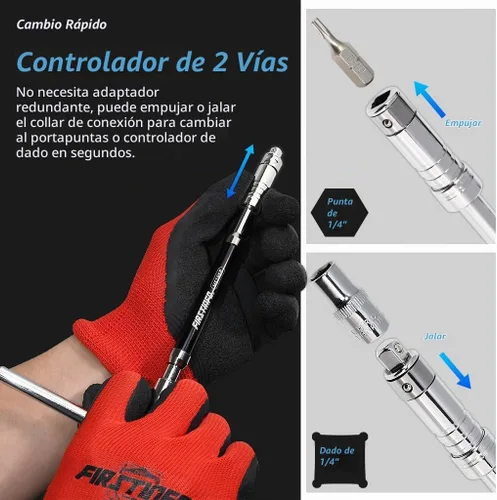 Vista 4 de FIRSTINFO H5195B - Llave giratoria ajustable de 2 vías con mango en T de 1/4 pulgadas, con adaptador de dado extra de 1/4" (F) x 3/8" (M) Llave
