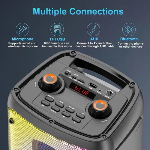 Vista 7 de Altavoz Bluetooth, 80W de potencia máxima, inalámbrico, TWS, portátil, para exteriores, altavoces para fiestas con subwoofer, graves profundos, Negro