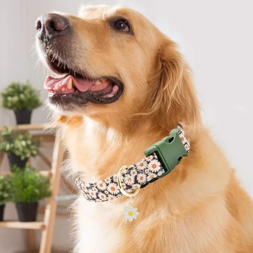 Vista 5 de Lindo collar de algodón para perro, patrones de flores, collares suaves y ajustables para cachorros, para hembras, perros pequeños, medianos
