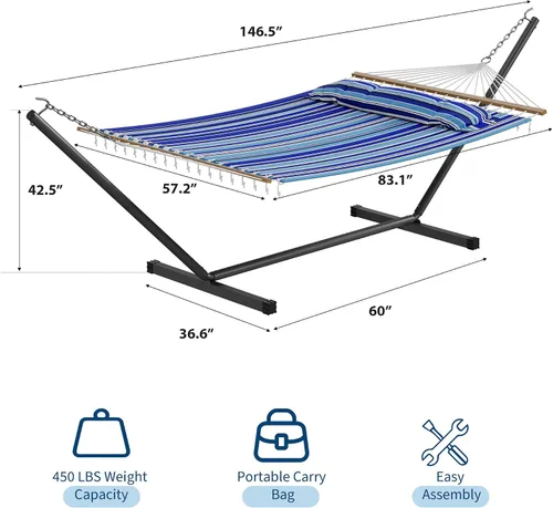 Vista 6 de GarveeLife Hamaca de 57 pulgadas para 2 personas, hamaca de algodón de diseño ampliado con soporte de metal, construcción resistente, capacidad