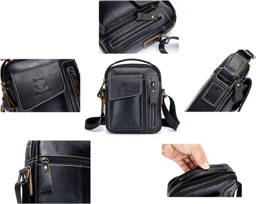 Vista 3 de BULLCAPTAIN Bolso de hombro de cuero genuino para hombre, bolso de mensajero casual diario