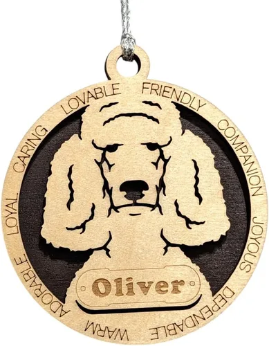 Vista 140 de Adorno de Navidad personalizado para perro Cavalier King Charles Spaniel, redondo de 3 pulgadas, madera cortada con láser de 2 capas, nombre y texto