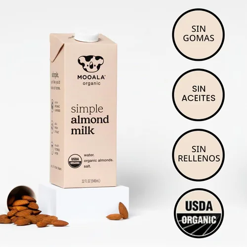 Vista 3 de Mooala Leche de Almendra Simple Orgánica, 32oz - 3 Ingredientes, Estable en Estantería, Sin Gomas, Sin Aceites, Sin Rellenos, Sin Azúcar, No