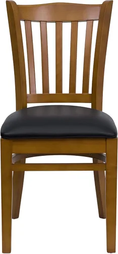 Vista 4 de EMMA + OLIVER Silla vertical de madera de cerezo con respaldo de listones, asiento negro del vinilo Asiento de vinilo negro/marco de madera de cerezo
