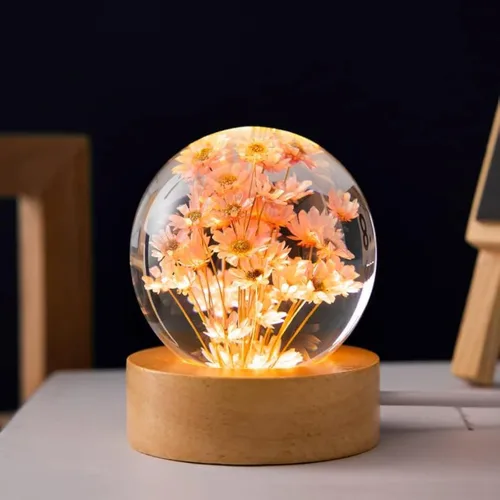 Vista 6 de Luz nocturna de bola de cristal de flores, lámpara de noche de bola de vidrio de 2.4 pulgadas con base de madera (diente de león)