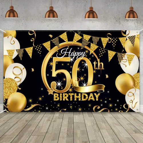 Vista 27 de Decoración de fiesta de cumpleaños número 15, cartel póster de tela extra grande negro y dorado para telón de fondo de cabina de fotos