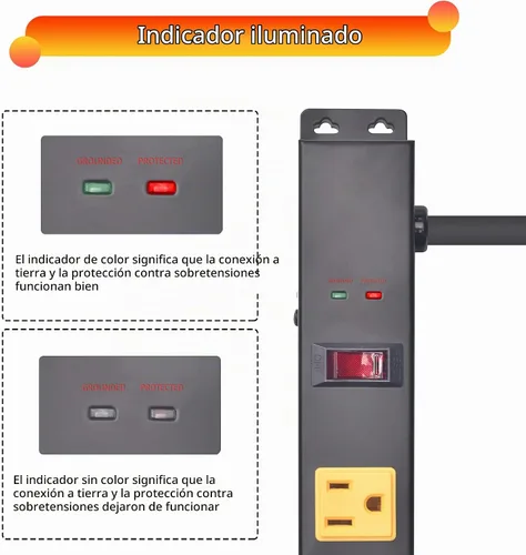 Vista 3 de Regleta larga de 10 tomas con protector contra sobretensiones, regleta de alimentación de metal industrial resistente de 6 pies, montable en pared