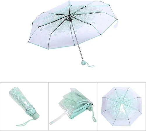 Vista 5 de plplaaoo Paraguas de lluvia, paraguas plegable Sakura, paraguas plegable transparente, paraguas de princesa de moda, flor de cerezo, cuatro