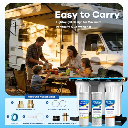 Vista 4 de Sistema de filtro de agua para RV, sistema de filtración de agua de 5 capas y 3 etapas, conectores rápidos de manguera sin plomo, filtros de 0.01