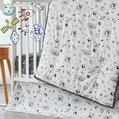 Vista 3 de Brandream Milky Way Space Galaxy - Juego de ropa de cama de 3 piezas para cuna de bebé niño y niña, con temática de cohete de nave espacial, ropa