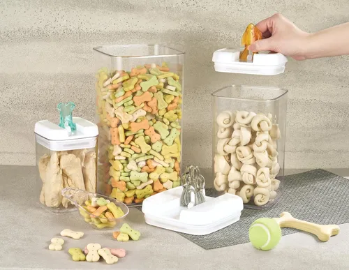 Vista 2 de Felli Flip Tite Contenedor de comida para mascotas con tapas herméticas, recipiente acrílico libre de BPA con asas de hueso de pata de pescado