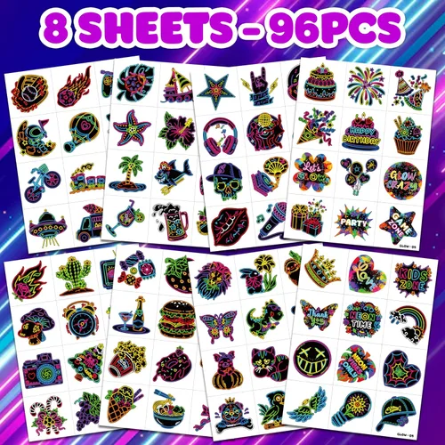Vista 3 de 96 tatuajes temporales de neón precortados para recuerdos de fiesta de cumpleaños de niños Super Cute Glow In The Dark Themed Supplies Decorations