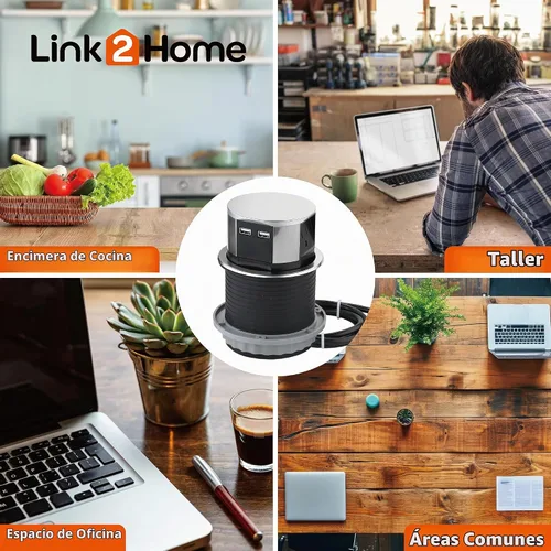 Vista 3 de Link2Home Paquete de 2 enchufes emergentes que ahorran espacio con USB, 3 tomas de corriente de 15 A, 2 puertos USB de 2.4 A de carga rápida