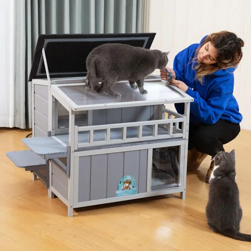 Vista 7 de Refugio para gatos de madera cálida de 2 niveles con techo de luz solar, casa para gatos al aire libre, balcón, plataformas de salto, recinto