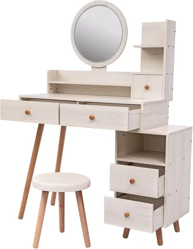 Vista 5 de Juego de mesa de tocador y taburete, escritorio de tocador con espejo LED de control táctil, longitud ajustable, juego de tocador para dormitorio