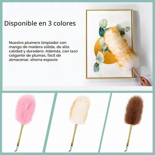 Vista 6 de Plumero de lana de cordero de 14 pulgadas de largo, con mango de madera maciza, correa para colgar de cuero para limpiar ventiladores de techo Marrón