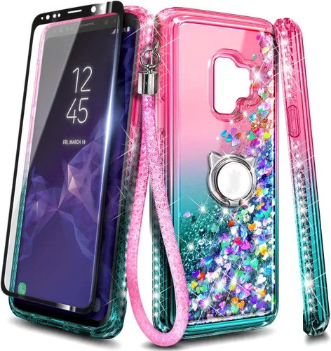 Vista 7 de Funda para Samsung Galaxy S9 con protector de pantalla (cobertura máxima, película de TPU flexible), soporte de anillo/correa de muñeca, líquido que