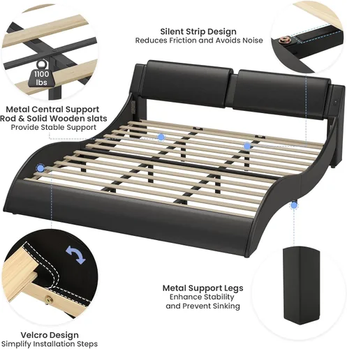 Vista 9 de DICTAC Base de cama King con puertos de carga y cabecero, base de cama de plataforma tamaño King con luces LED onduladas como curvas, soporte