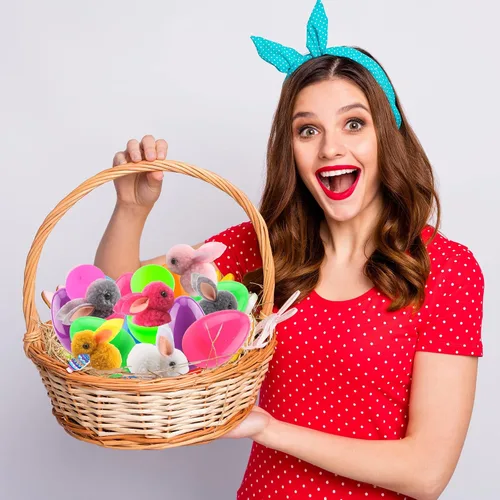 Vista 7 de 48 huevos de Pascua rellenos con mini conejito de peluche, juguetes de Pascua para fiesta de Pascua, juegos de caza en interiores y exteriores