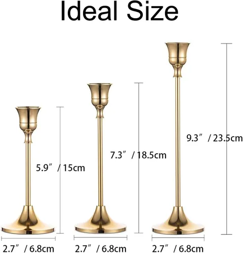 Vista 6 de Juego de 15 portavelas dorados para candelabros, portavelas cónicos Inweder de metal altos para centro de mesa, boda, decoración del hogar, comedor