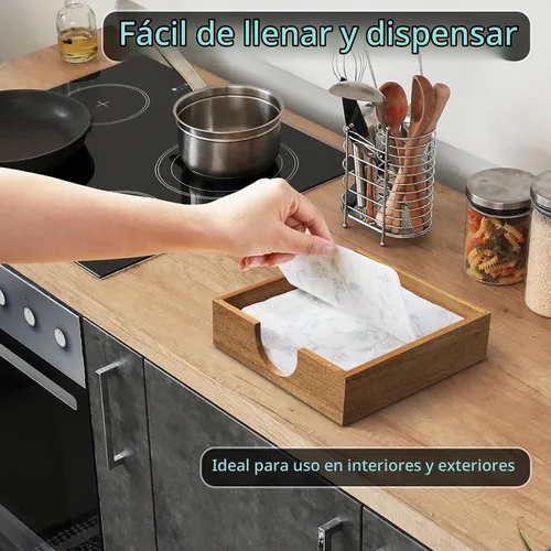 Vista 4 de Servilletero de madera de acacia para mesa, servilleteros para servilletas de papel, servilletero plano para almuerzo, servilleteros para decoración
