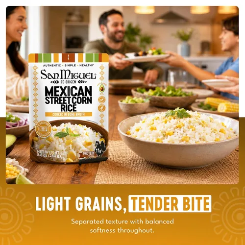 Vista 2 de San Miguel - Arroz de maíz mexicano para microondas, 0.39 oz de proteína Arroz de maíz callejero mexicano • Caldo de huesos • Aceite de aguacate •