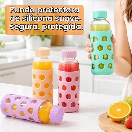 Vista 4 de [Usado] Sursip 16 oz Glass Juice Bottles with Lids, 6 Pack Dark Gray / Pink / Apricot / Purple / Mint Green / Blue