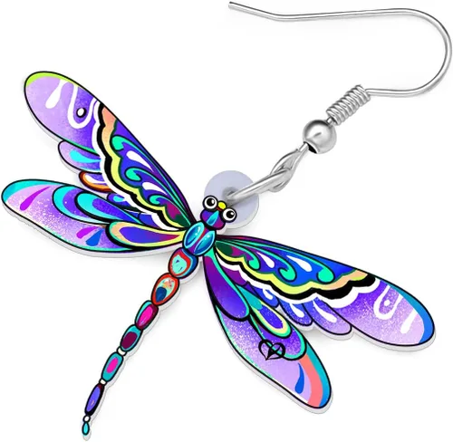 Vista 3 de Bonsny Aretes de acrílico con forma de libélula de acrílico, joyería de moda para mujeres y niñas