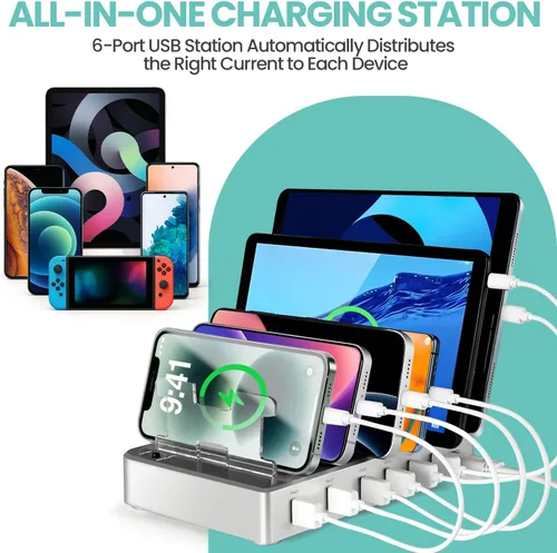 Vista 3 de Estación de carga rápida de 300 W para múltiples dispositivos, concentrador de carga USB de 6 puertos, organizador universal de cargador